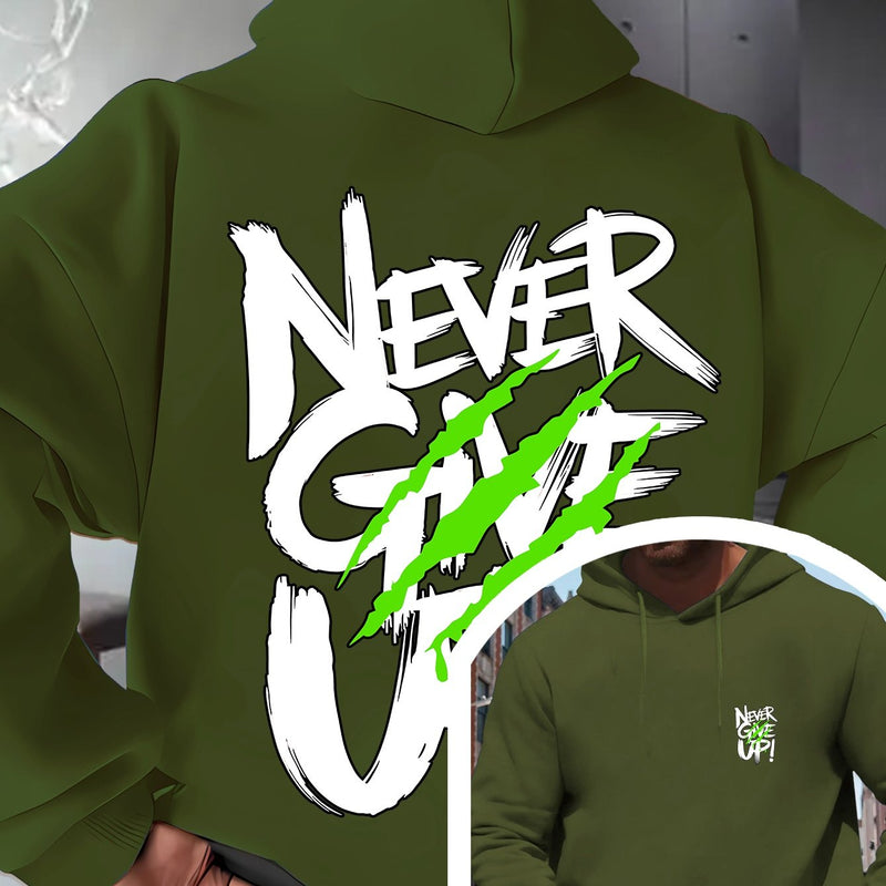 Men's Red Hoodie with "Never Give Up" Print.