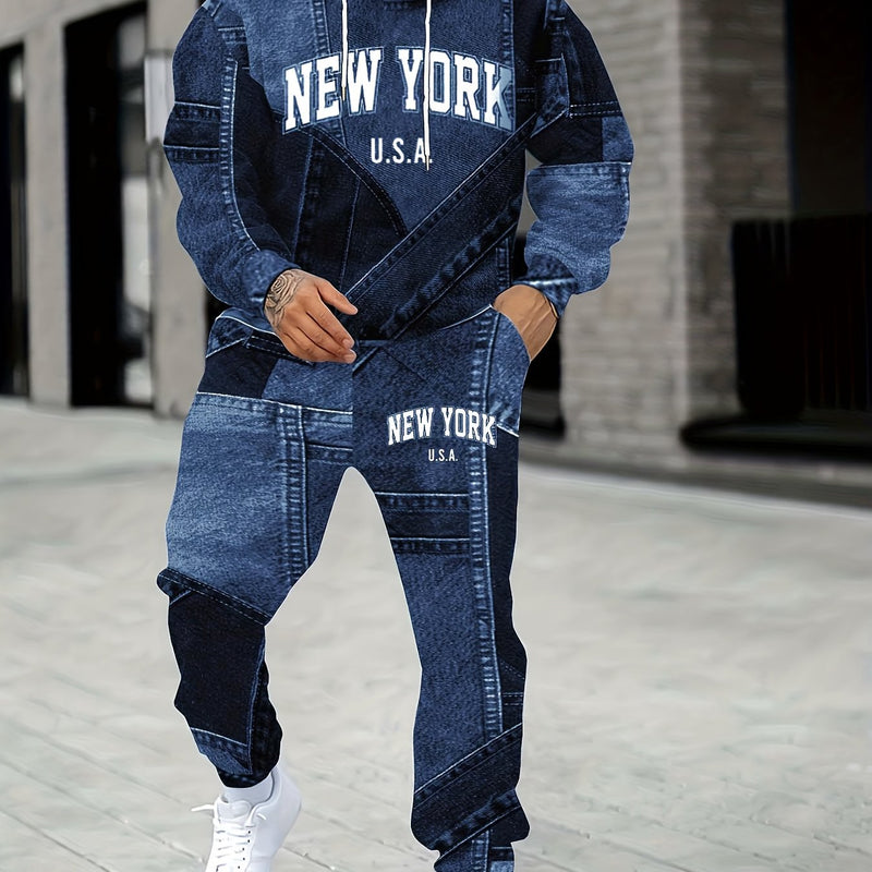 Men's Autumn Lettered Faux Denim Effect Hoodie And Sweatpants Two-Piece.