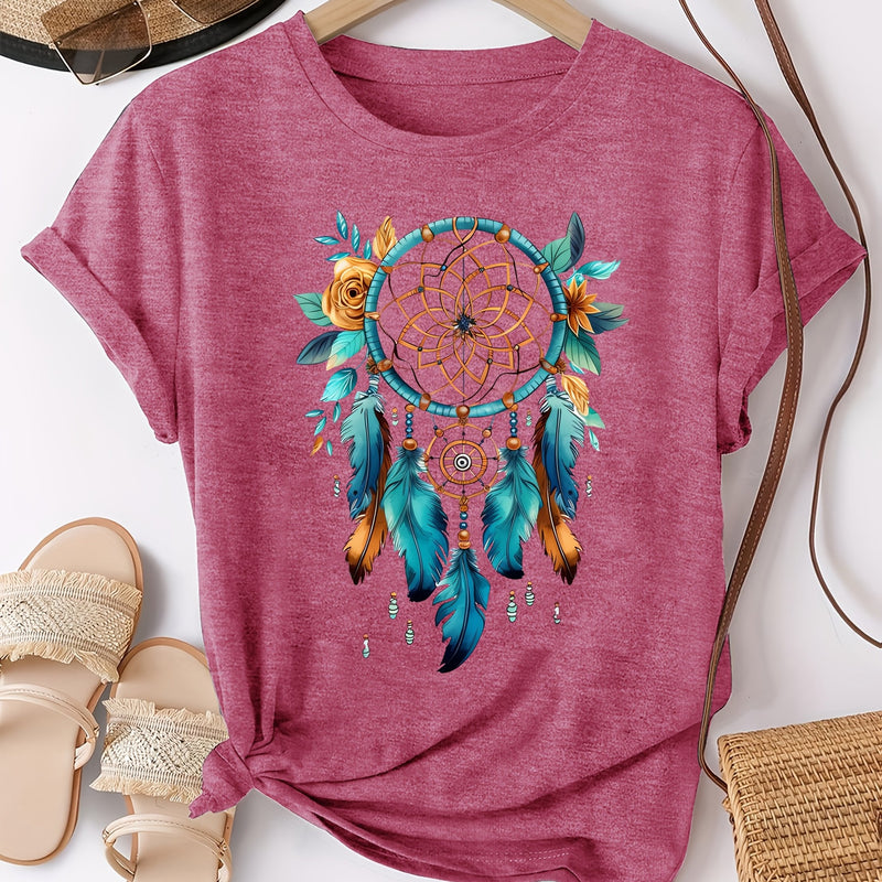 Women's Bohemian Dreamcatcher Floral Print T-Shirt.