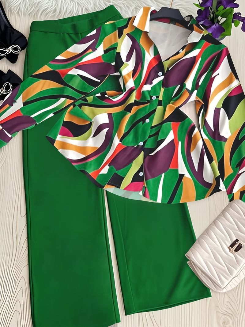 Women’s Two-Piece Set Featuring a Geometric Print Shirt And Solid Color Trousers.