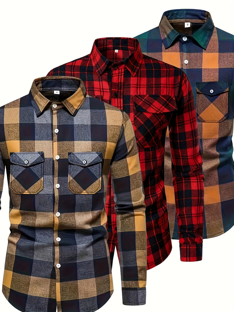 3pcs Men's Plaid Shirt Top with Turn- Collar Long Sleeve Button-Up.