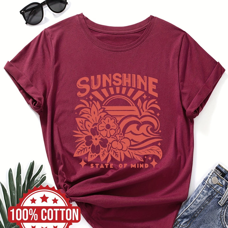 Women's Casual Crew Neck T-Shirt with "SUNSHINE" Graphic Print.