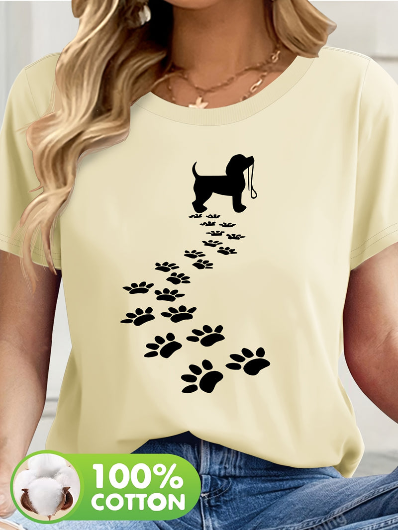 Women's Casual Short Sleeve T-Shirt with Dog Silhouette & Paw Print Graphic.