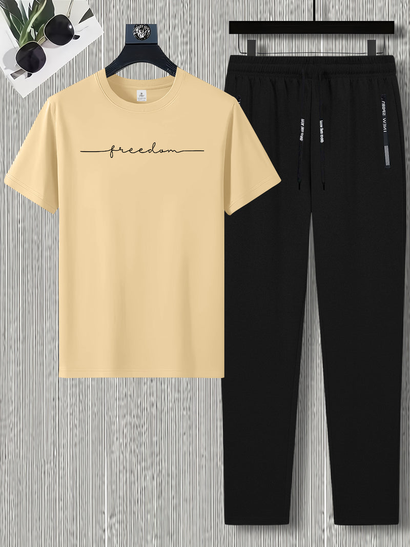 Men's Summer Design Short-Sleeve Set with Stylish Line Prints Paired.