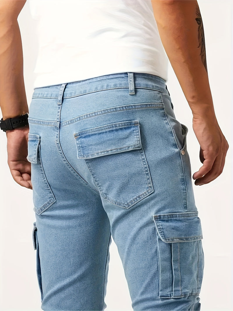 2pcs Men's Skinny Jeans Multi-pocket mid-waist stretch denim.