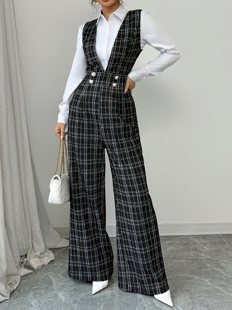 Women's Pearl Button Decorated Pocket Wide Leg Jumpsuit.