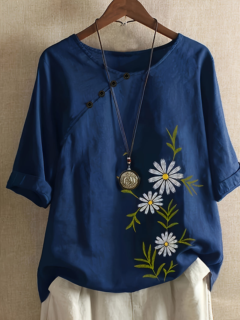 Casual Loose Blend Dandelion Print Short Sleeve Pullover T-Shirt for Women.