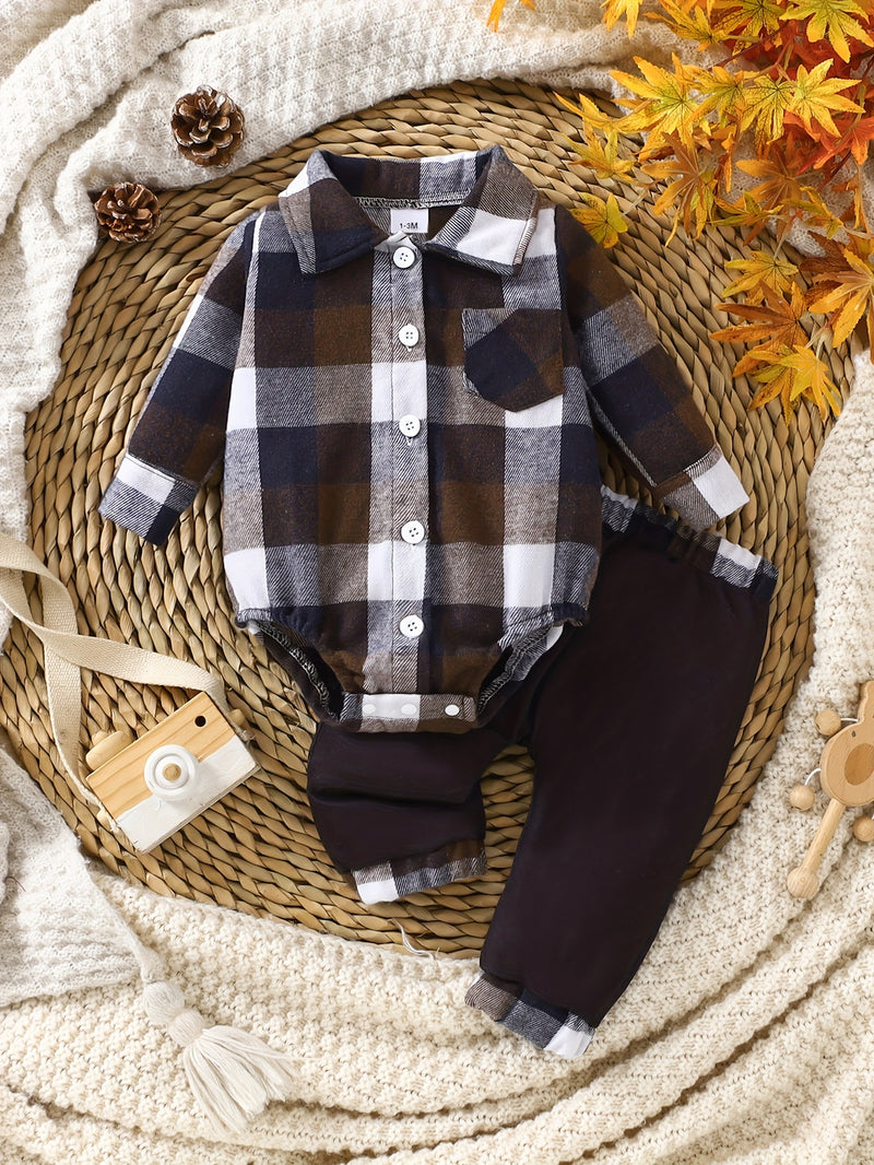 2pcs Boys Cotton Plaid Lapel Collar Button-Front Lapel Shirt & Pocket Pants.