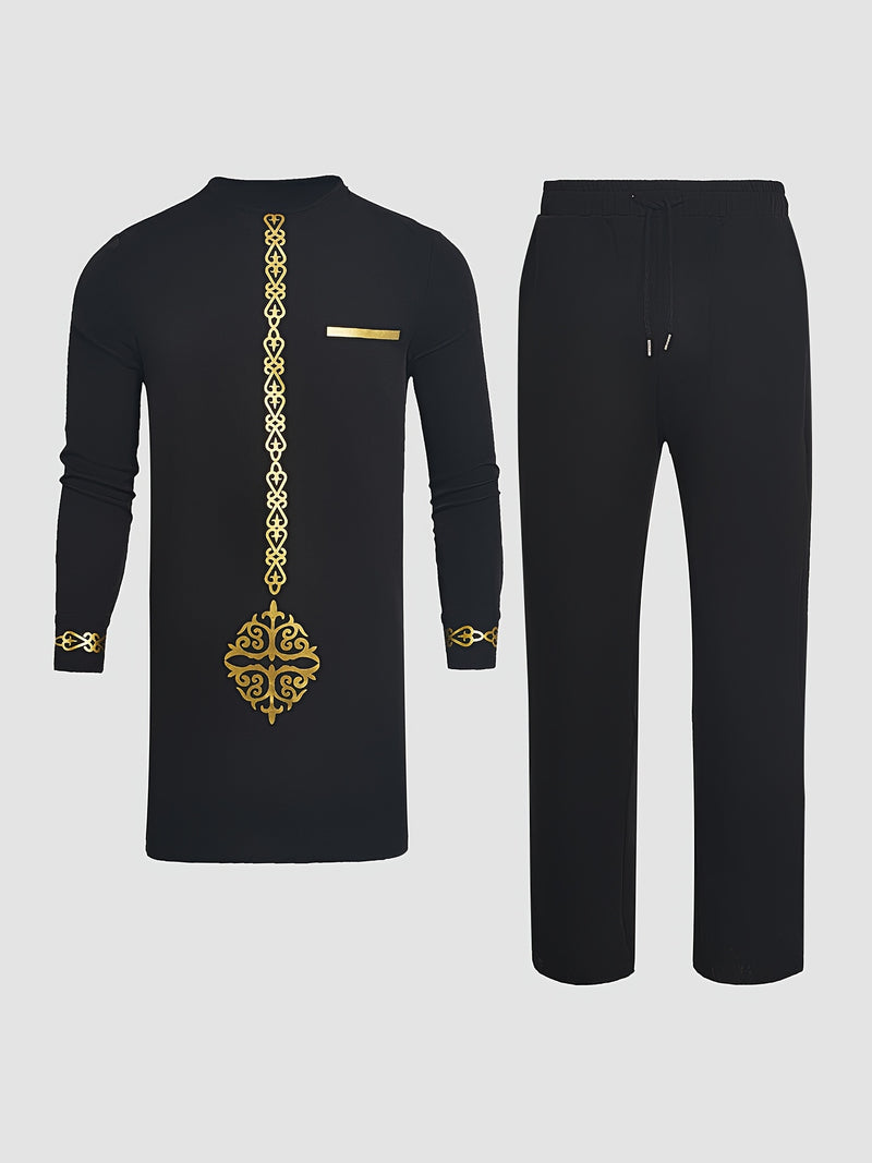 African Dashiki Men's Set, Long Sleeve, Button-Up, Stand Collar.