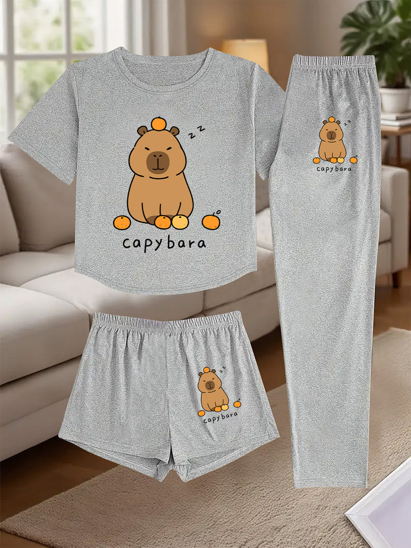 A Three-Piece Women's Loungewear Set, Featuring a Printed Design.