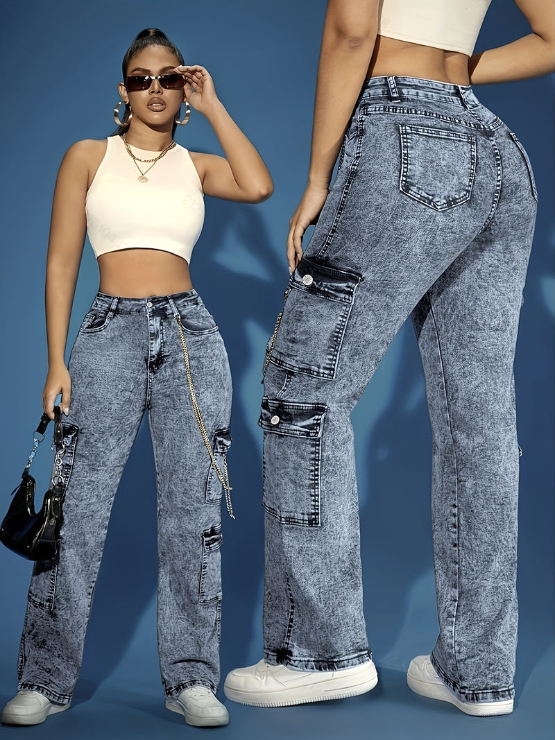 Women's High-Waisted Stretch Denim Cargo Pants.