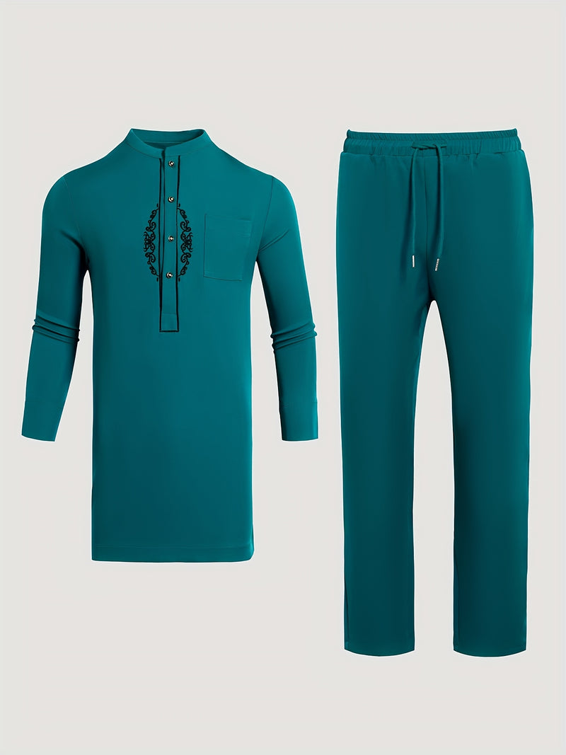 Men's Dashiki Set, Long Sleeve, Stand Collar, Button-Up, Pockets.