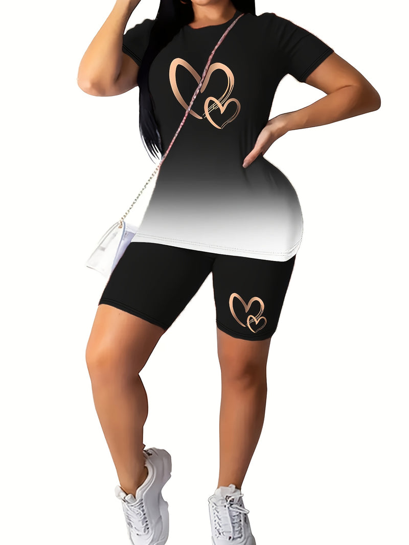 Women’s Gradient Color Love Element Spring/Summer Casual Two-Piece Set.