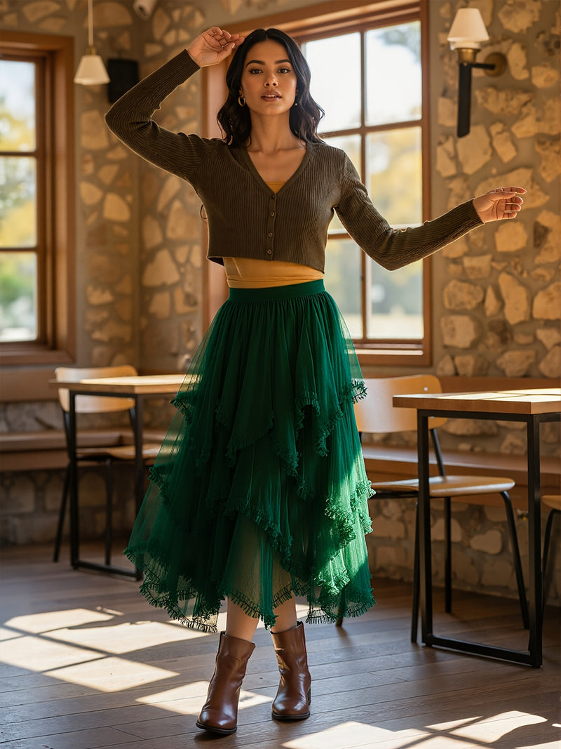 Women’s Punk-Inspired Layered Tulle Skirt with a Black Gothic Mesh.
