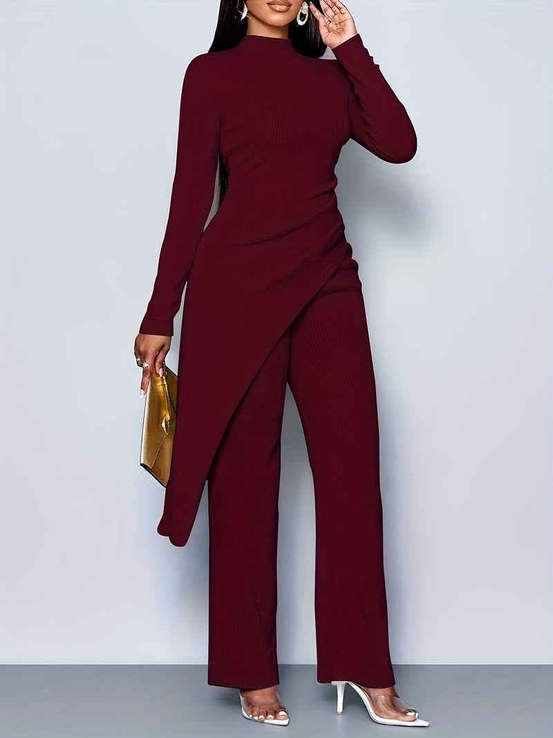 Women's Elegant Solid Color Fleece Ribbed Asymmetric Hem Top Paired with Flared Pants.