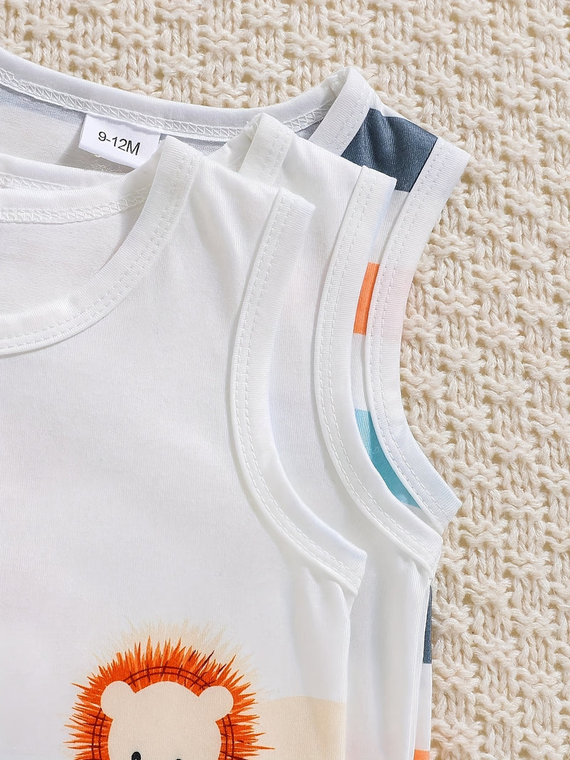 3pcs Set of Boys Spring Cute Animal Print Tank Tops.