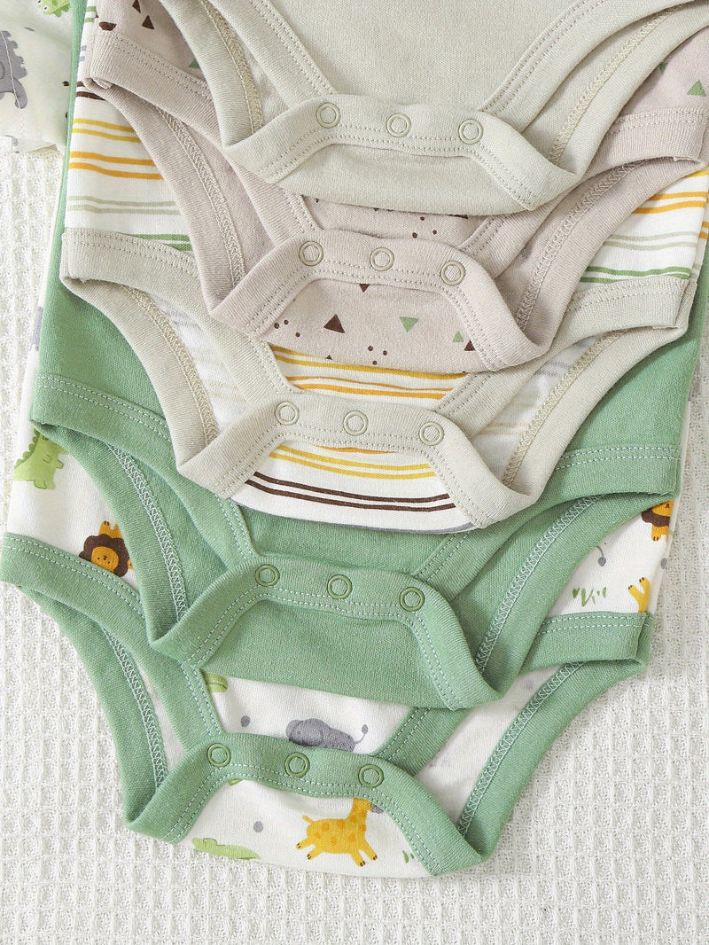5pcs Baby Boy Short-Sleeve Romper Bodysuit Set, Cotton Cute Cartoon.