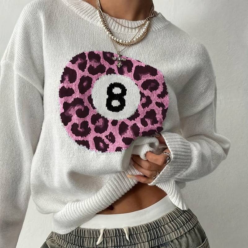 Women’s Fashion Casual Style Leopard Print Ball Design Billiard 8pcs Sweater.