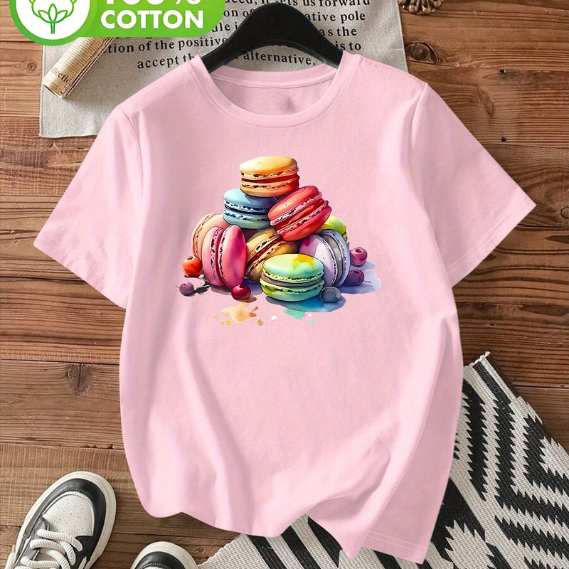 Women's Stylish Macaron Print Round Neck Short Sleeve T-Shirt.