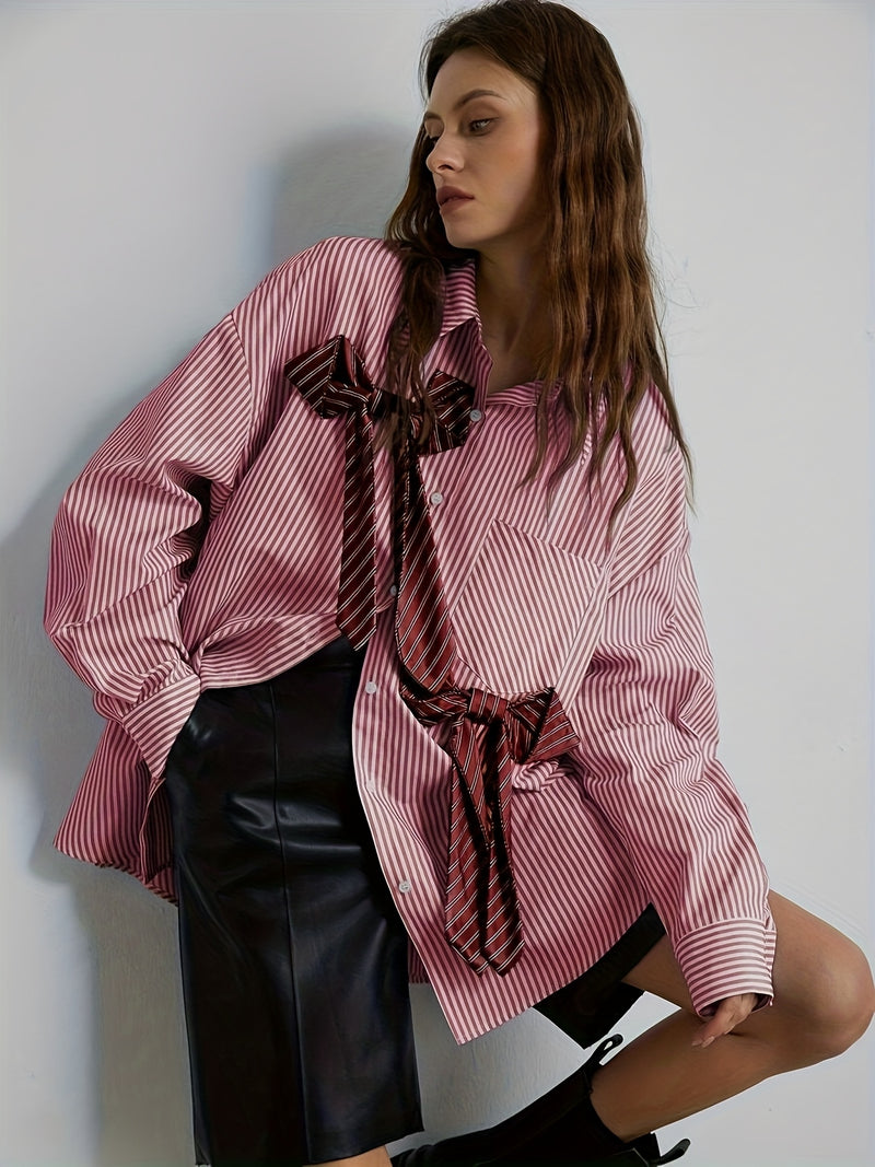 Women's Striped Button- Shirt with Collar & Bow Accent.