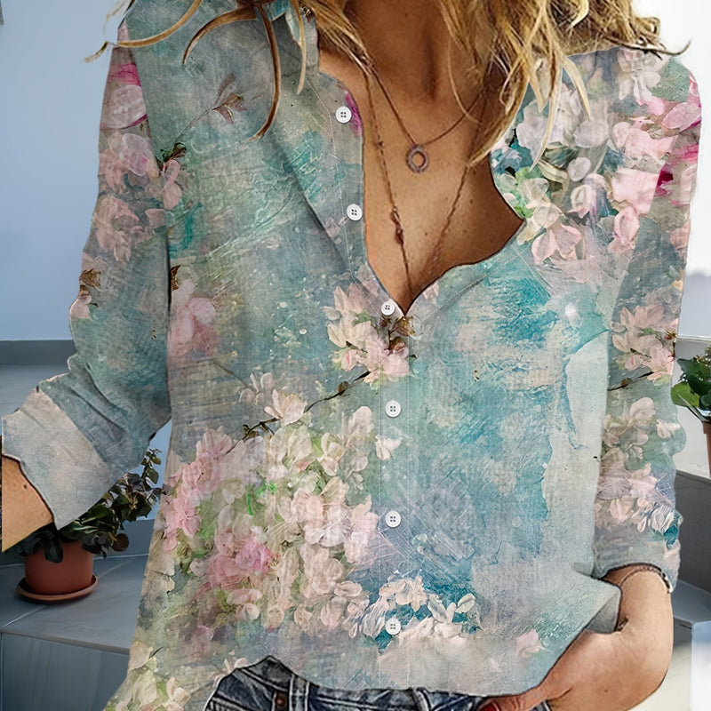 Elegant Women's Floral Print Button-Up Shirt.