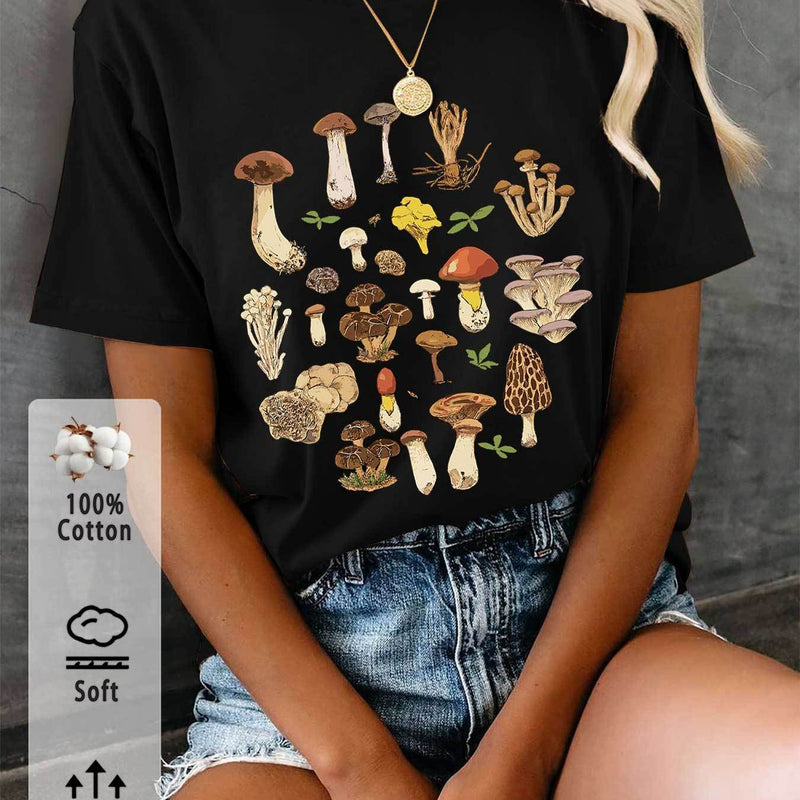 Women’s T-Shirt with Mushroom And Leaf Prints.