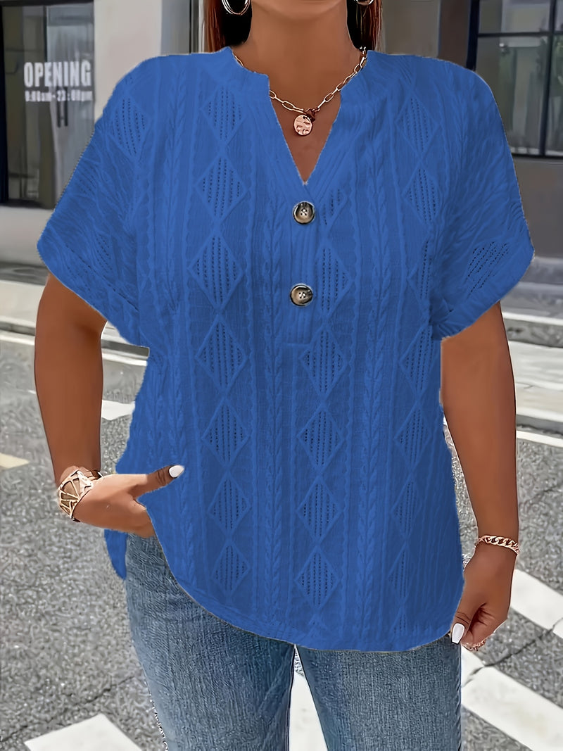 Women's Short-Sleeve V-Neck Solid Color Jacquard Hollow-Out Two-Piece T-Shirt.