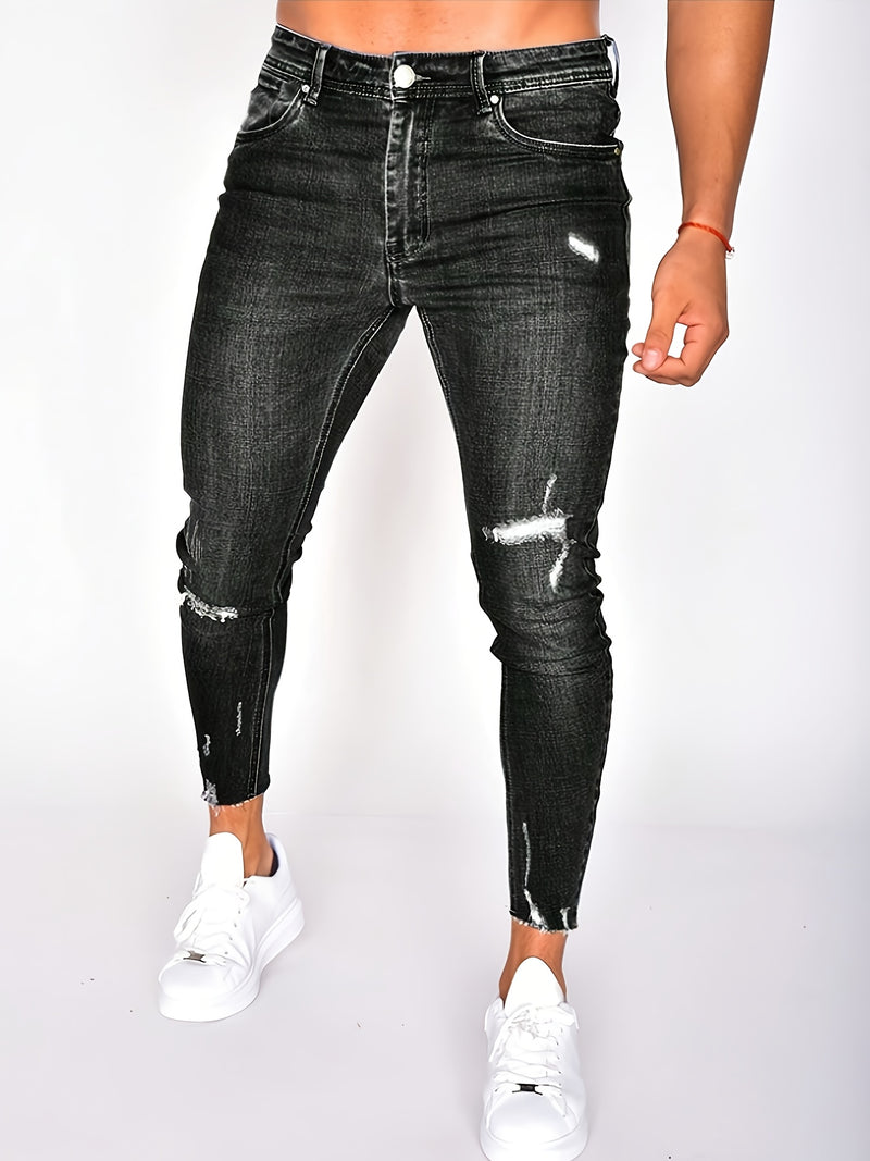 Men's Slim-Fit Jeans - Dark Washed Stretchy Denim with Distressed Details.
