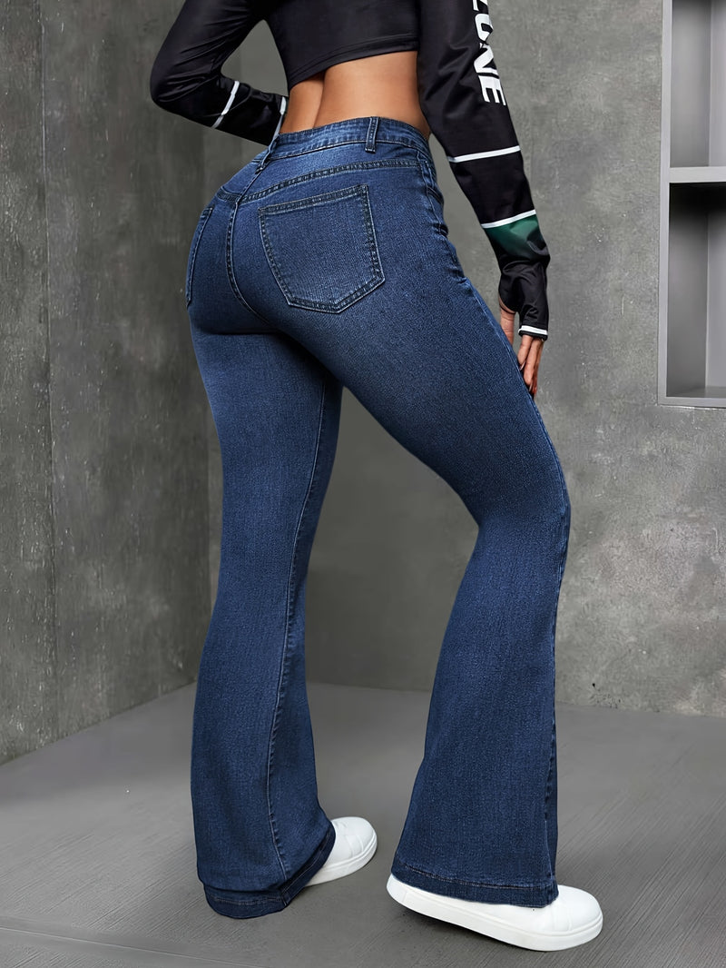 Women’s Fashionable Deep Blue High-Waist Flare Jeans.