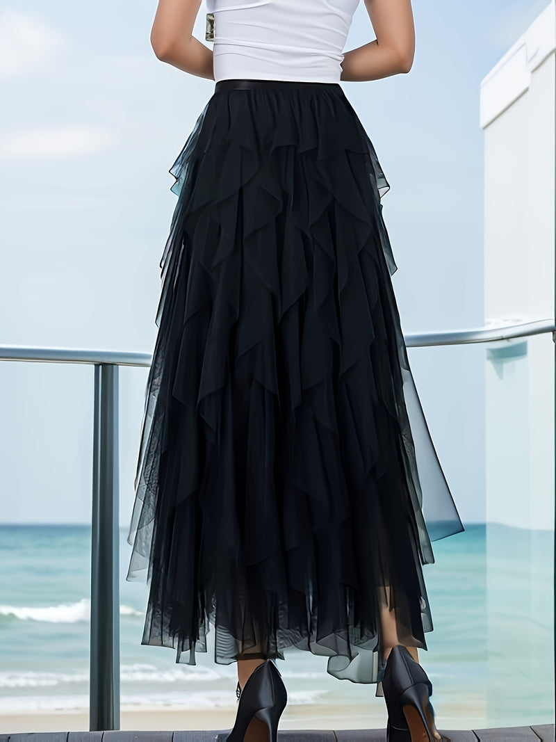 Women’s Irregular High-Waisted A-Line Tulle Skirt, Layered Tulle Skirt.