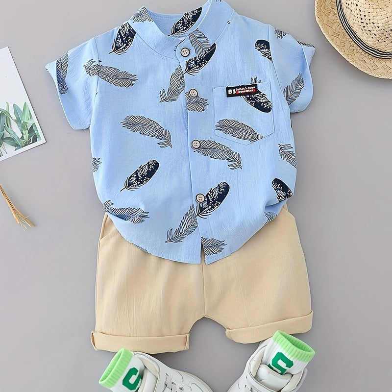 Youngsters Summer Feather Print Short Sleeve Shirt & Shorts Set.