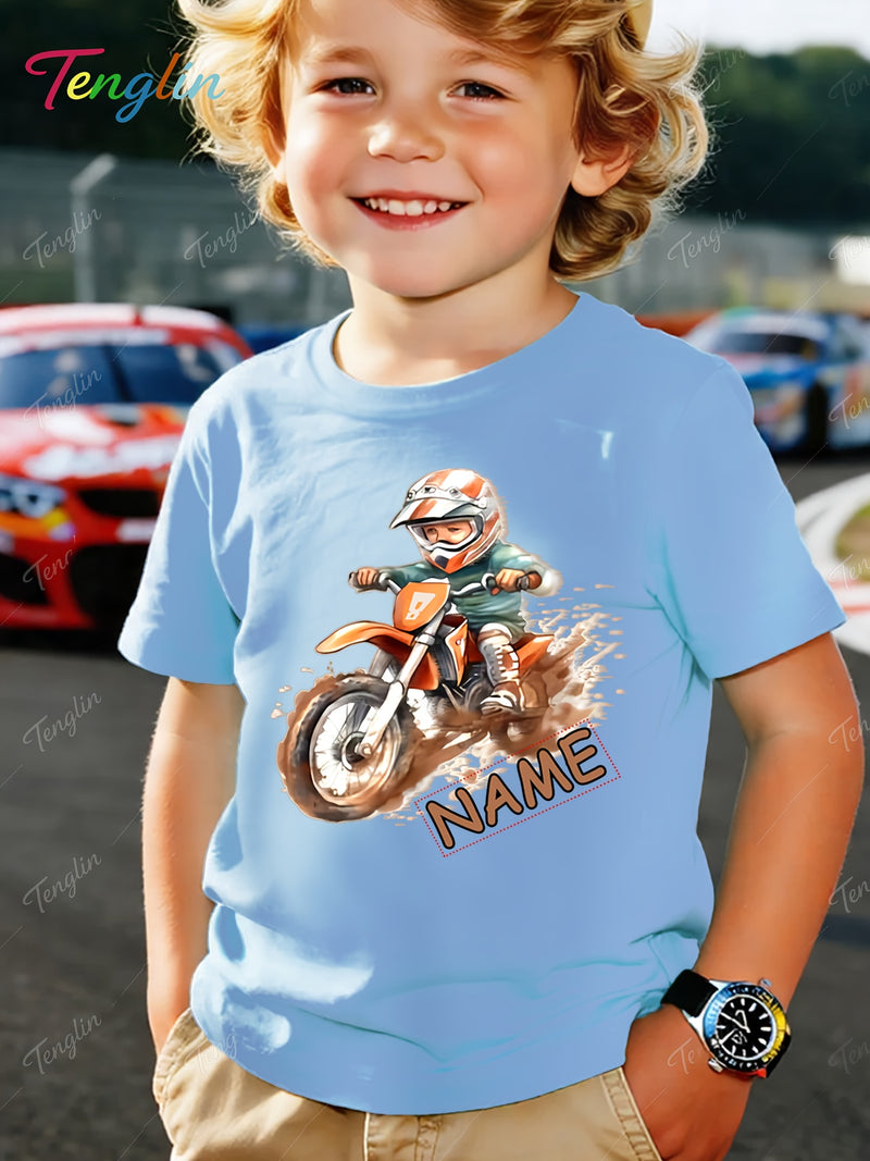 Custom Motorcycle Print Short Sleeve T-Shirt for Boys and Girls.
