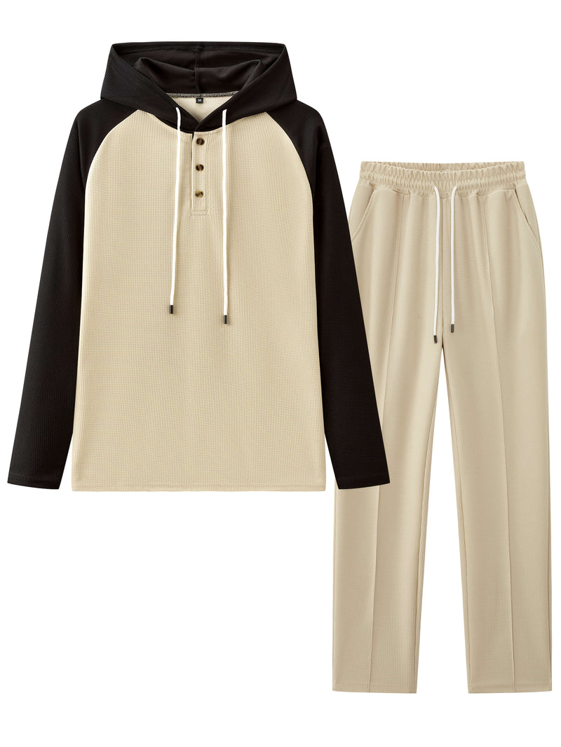 Men's Waffle 2pcs Hooded Sweatshirt Set Top Color Block.