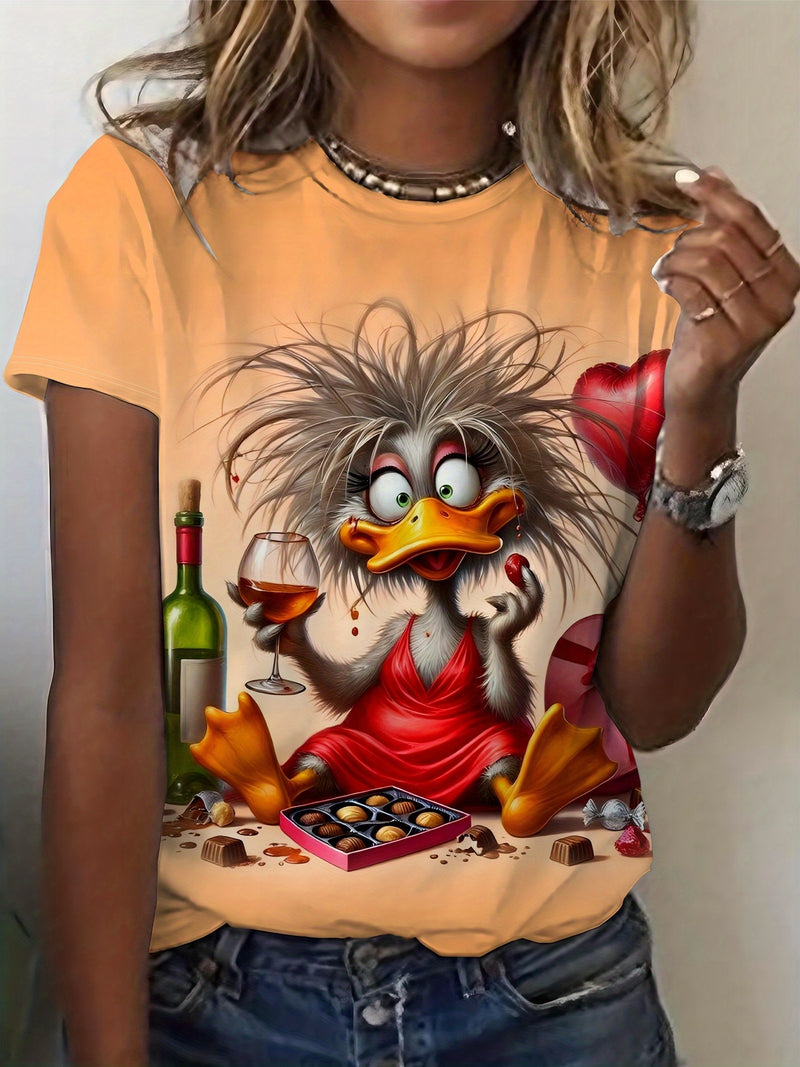A Short-Sleeved Shirt Featuring a Casual Duck Wine Chocolate Design, Perfect for Women.