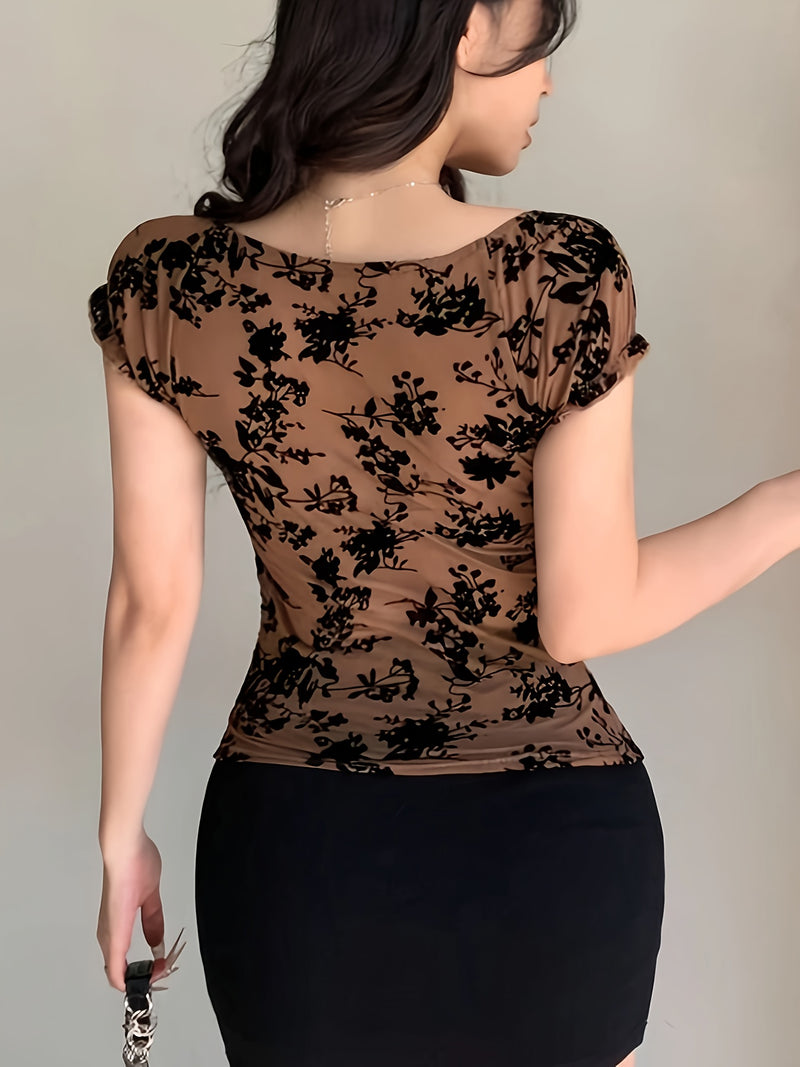 Women's Summer Square Neck Ruffled Floral Mesh Short Sleeve T-Shirt.