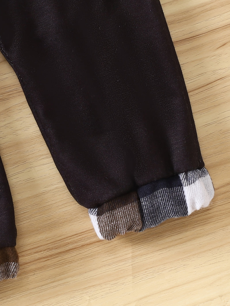 2pcs Boys Cotton Plaid Lapel Collar Button-Front Lapel Shirt & Pocket Pants.