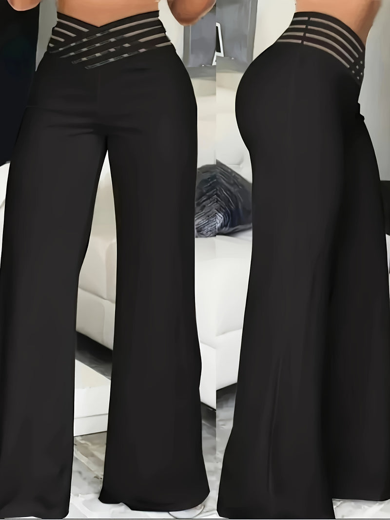 Women’s Solid Color Cross-Over Transparent Mesh Patch High-Waist Pants.