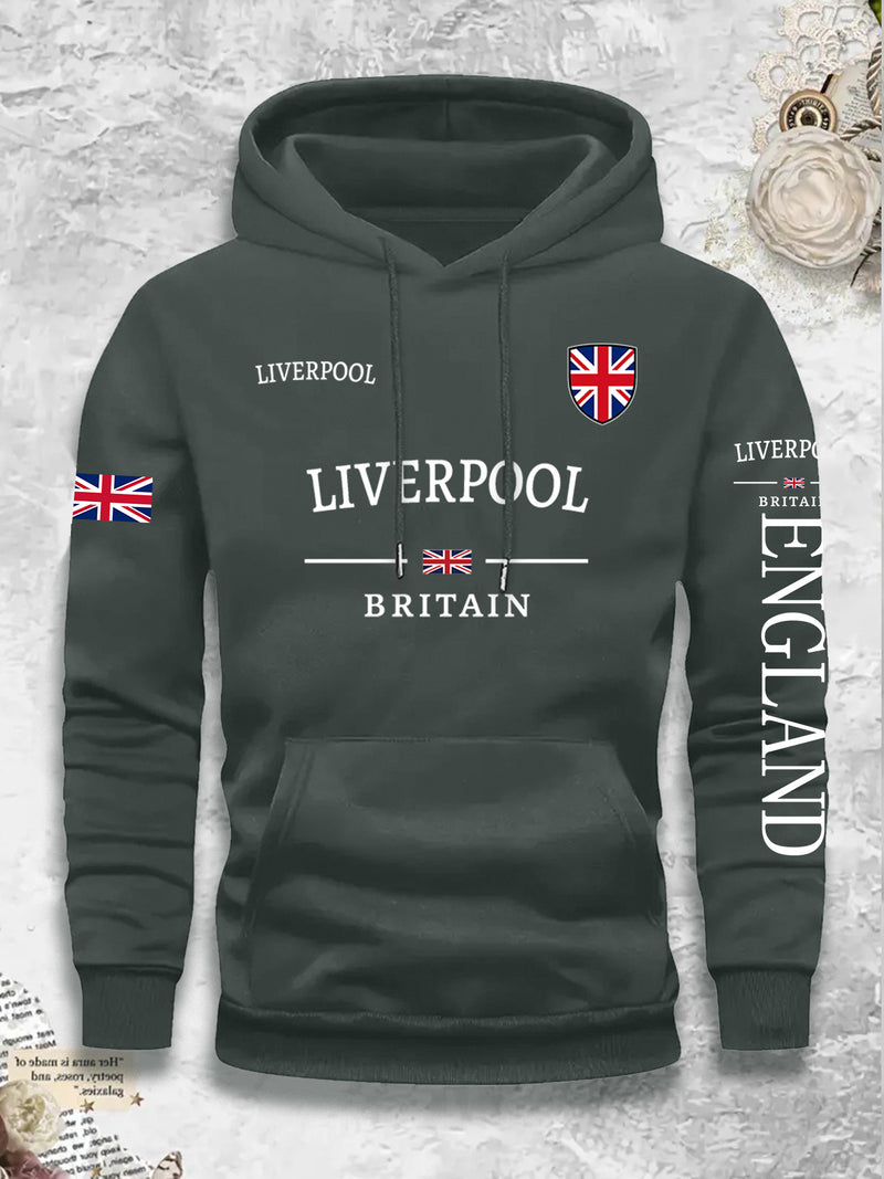 Men's Casual Versatile -Lined Hooded Sweatshirt with British Flag Print.