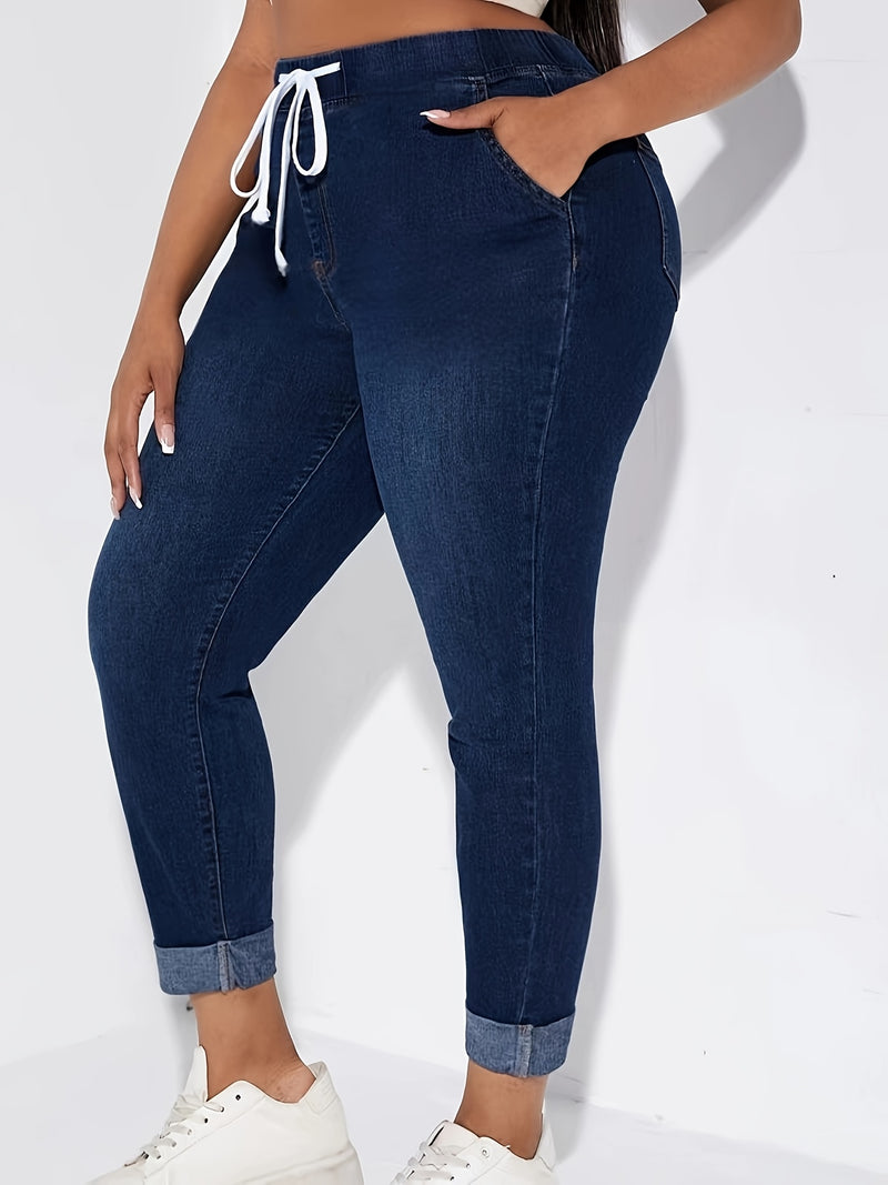 Women's High-Waisted Elastic Drawstring Jeans.