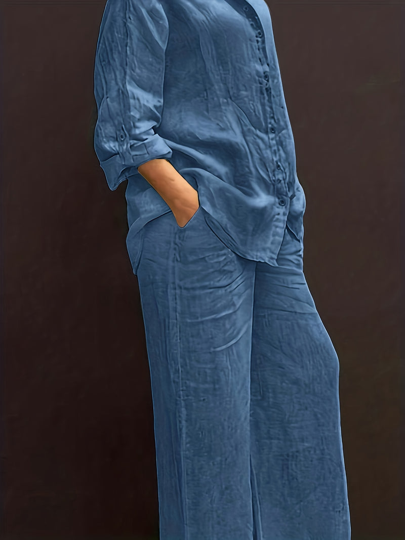 Women’s Casual Collar Cardigan and Wide-Leg Pants Set.