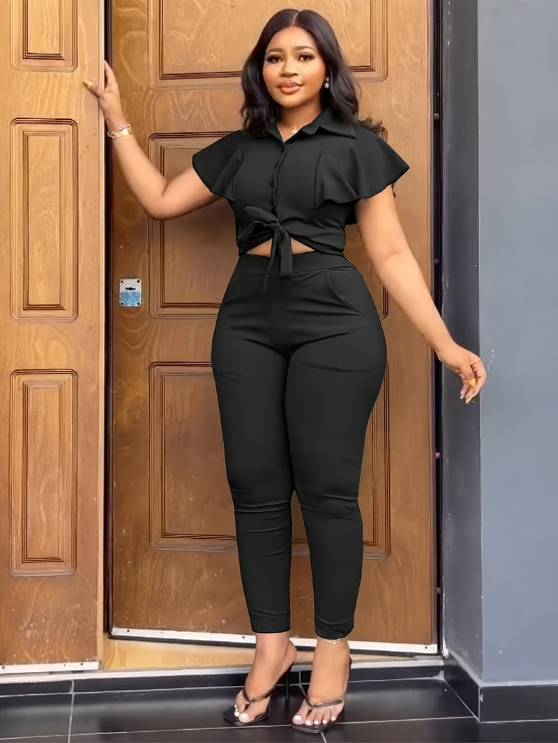 Women’s Single-Breasted Lapel Top, Tie-Up Two-Piece Set.