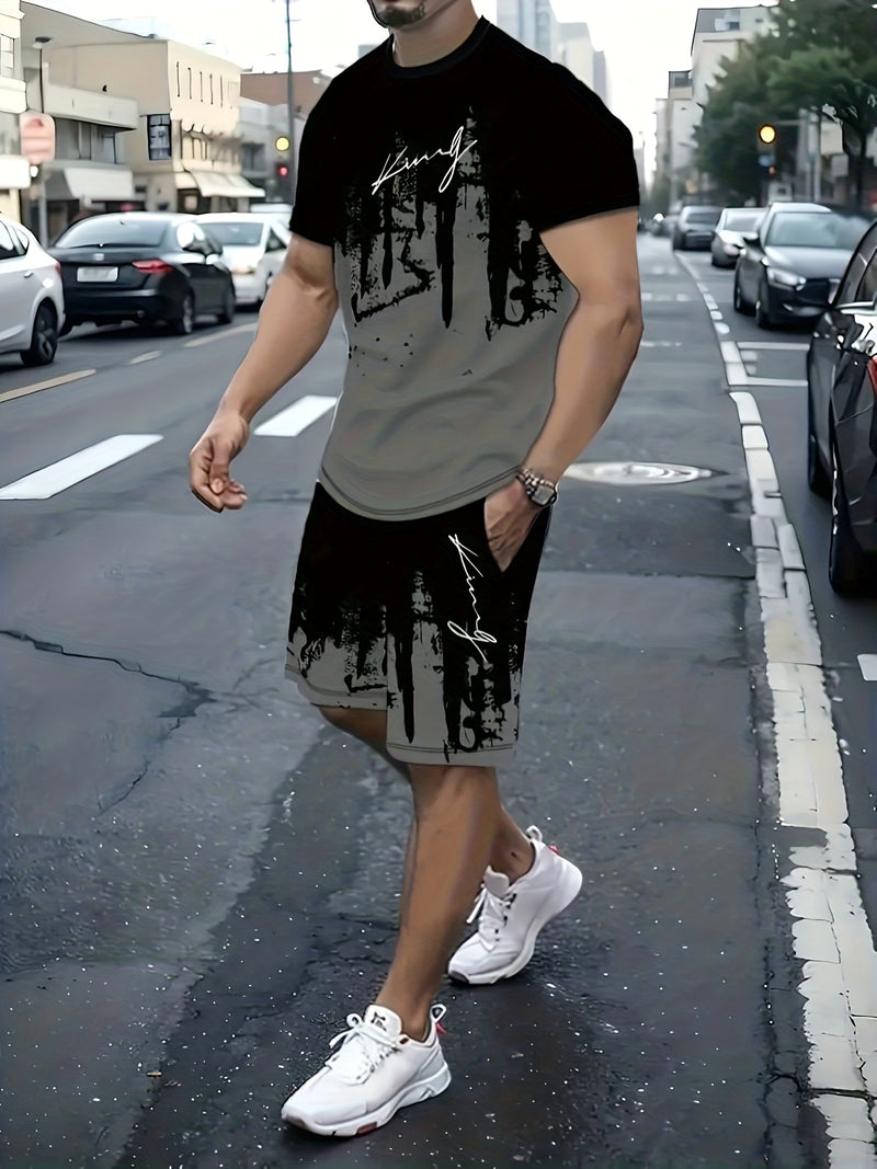 Men's New Round Neck Casual T-Shirt and Shorts Set.