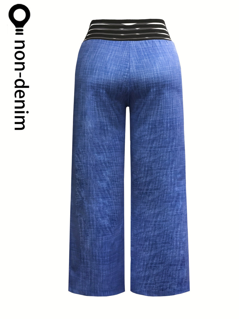 Women's Wide-Leg Long Pants with a Faux Denim Print.