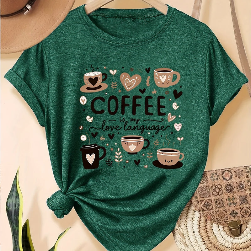 Elegant Women's Short-Sleeve T-Shirt with Coffee-Themed Prints.
