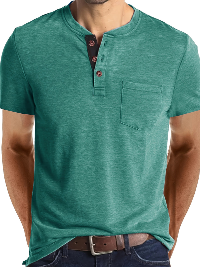 Men's Henley Round Neck Short Sleeve T-Shirt.