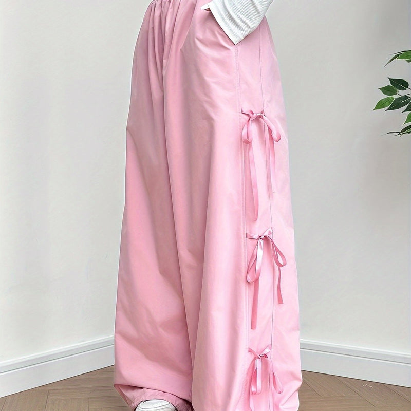 Women’s Elastic Waist Suitable for Spring, Wide-Leg Pants with Side Bow.