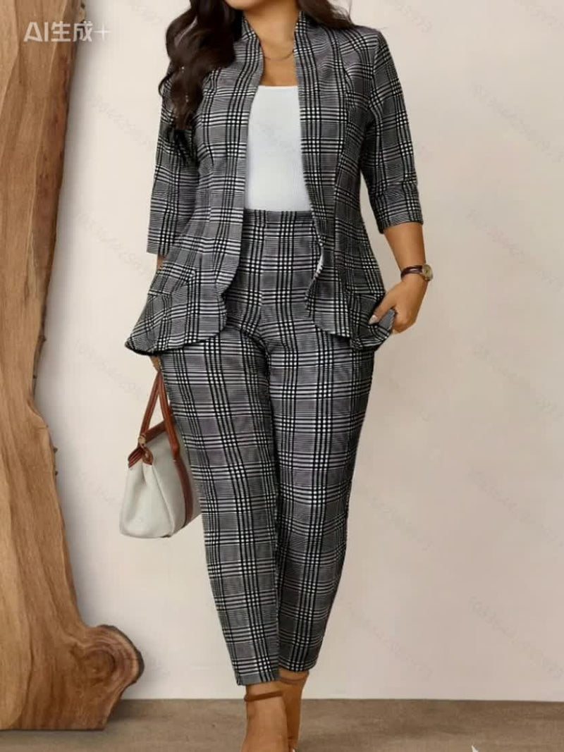 Women's Two-Piece Plaid Print Casual Three-Quarter Sleeve Work.