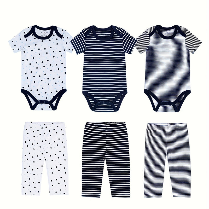 6pcs Baby Bodysuit Set - Soft Short Sleeve Romper and Pants Outfit, 0-12m.