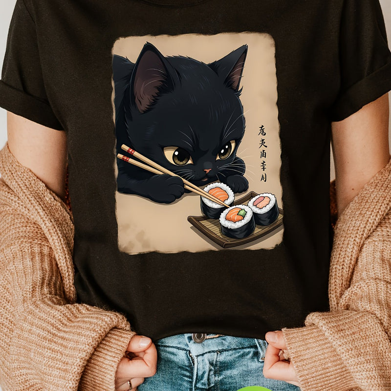 Cat Eating Sushi print t-shirt, short sleeve crew neck casual top for Women.