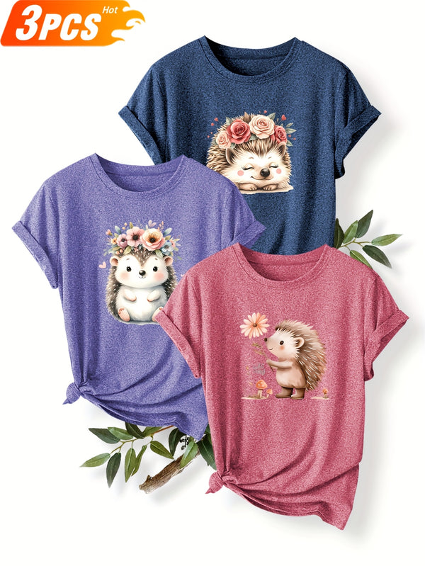 3pcs Women's Cute Hedgehog Graphic T-Shirts.